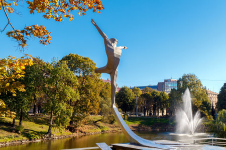 Riga, Latvia - 15 October, 2015: Monument to the famous ballet dancer Maris Liepa. The first monument in honor of dance in Latvia.のeditorial素材