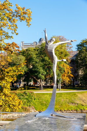 Riga, Latvia - 15 October, 2015: Monument to the famous ballet dancer Maris Liepa. The first monument in honor of dance in Latvia.のeditorial素材