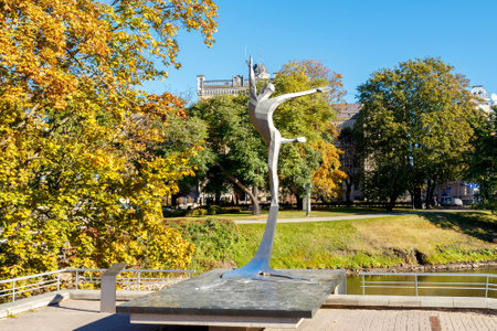 Riga, Latvia - 15 October, 2015: Monument to the famous ballet dancer Maris Liepa. The first monument in honor of dance in Latvia.のeditorial素材