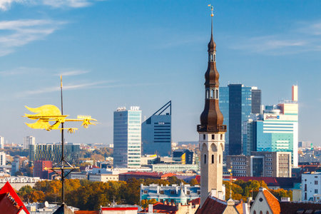 Tallinn, Estonia - 17 October, 2015: The spiers, weather vanes, the roofs of the old city on the background of modern buildings. In Tallinn successfully combined old and modern architectural styles.のeditorial素材
