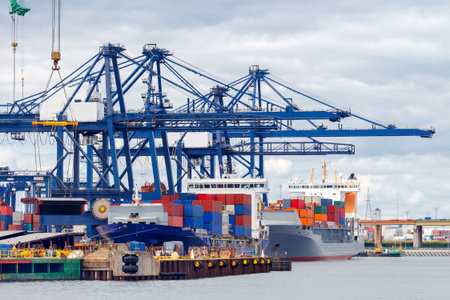 Large port cranes on a pier in the port of Gdynia.
