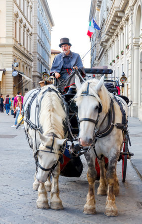Florence, Italy - May 17, 2015: horse-drawn carriage at the Republic Square in Florence. Sightseeing tours in a coach are very popular among tourists.のeditorial素材