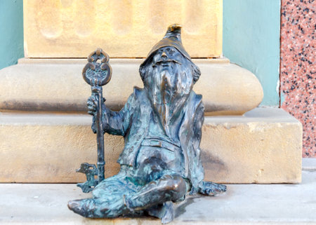 Wroclaw, Poland - December 31, 2015: Small bronze sculptures of gnomes. More than 250 figures are set on the streets of Wroclaw and is a symbol of the city.のeditorial素材