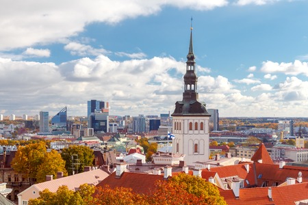 View of the old town and the modern office building skyscrapers in Tallinn.の写真素材