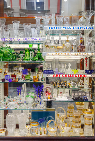 Prague, Czech Republic - December 24, 2015:  Showcase production of the famous Czech Bohemian glass. One of the Czech business cards.のeditorial素材