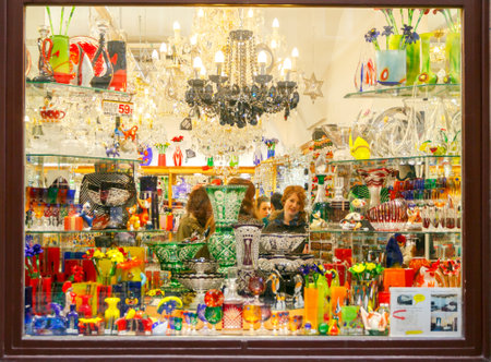 Prague, Czech Republic - December 24, 2015:  Showcase production of the famous Czech Bohemian glass. One of the Czech business cards.のeditorial素材