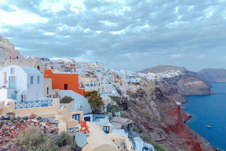 Oya. Traditional white houses on hillside. Santorini. Greece.の写真素材