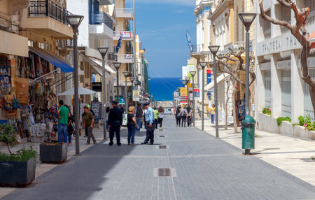 Heraklion, Greece - April 24, 2016: Central City street in Heraklion. On the main street are the shopping and tourist attractions.のeditorial素材