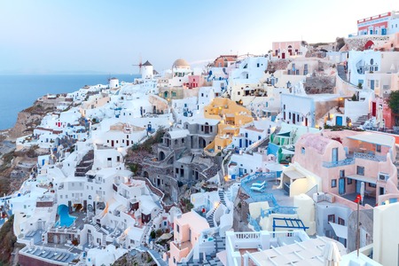 Traditional narrow street down to the sea in the village Oia. Santorini, Greece.の写真素材