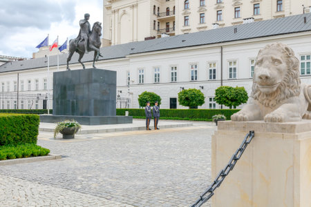 Warsaw, Poland - July 26, 2015: Two soldiers honor guards with rifles at the post in the center of Warsaw.のeditorial素材