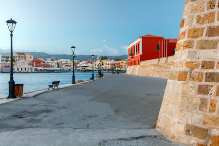 View of the embankment with lanterns and the old Venetian harbor of Chania. Crete. Greece.の写真素材