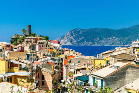 Colorful facades of the old houses in the village Vernazza. Cinque Terre National Park, Liguria, Italy.の写真素材