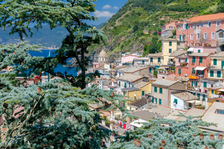 Colorful facades of the old houses in the village Vernazza. Cinque Terre National Park, Liguria, Italy.の写真素材