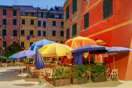 Old, narrow, medieval streets in the Italian village Vernazza. Cinque Terre National Park, Liguria, Italy.の写真素材