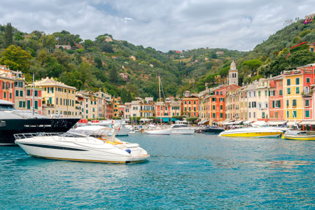 Pleasure boats and yachts in the harbor village of Portofino. Italy. Liguria. Cinque Terre.の写真素材