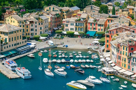 Pleasure boats and yachts in the harbor village of Portofino. Italy. Liguria. Cinque Terre.の写真素材