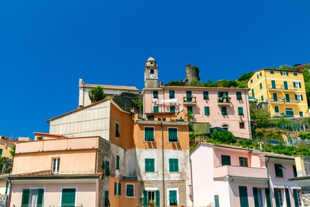 Colorful facades of the old houses in the village Vernazza. Cinque Terre National Park, Liguria, Italy.の写真素材