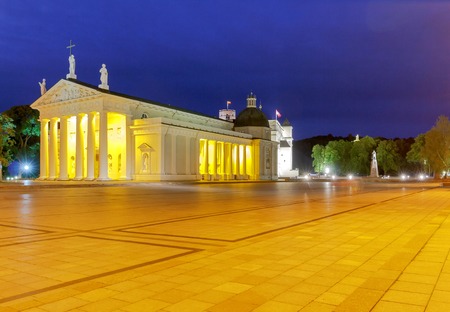 Cathedral of St. Stanislaus and the bell tower in the center of Vilnius at night.の写真素材