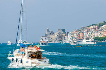 Santa Margherita Ligure. Italy - July 24, 2016: Medieval colorful houses in Portovenere. Famous popular resort. Liguria. Cinque Terre. Italyのeditorial素材
