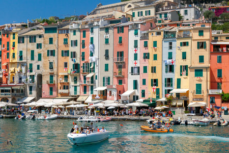 Santa Margherita Ligure. Italy - July 24, 2016: Medieval colorful houses in Portovenere. Famous popular resort. Liguria. Cinque Terre. Italyのeditorial素材