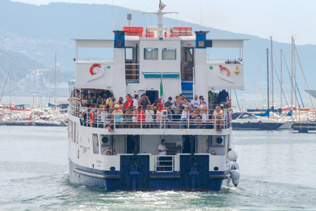 Santa Margherita Ligure. Italy - July 24, 2016: Passenger Ferry with tourists on board in a bay.のeditorial素材