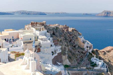 View of the sea and island Nea Kameni from Cape Byzantine. Village Oia. Santorini.の写真素材