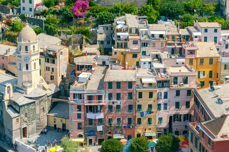 Colorful facades of the old houses in the village Vernazza. Cinque Terre National Park, Liguria, Italy.の写真素材