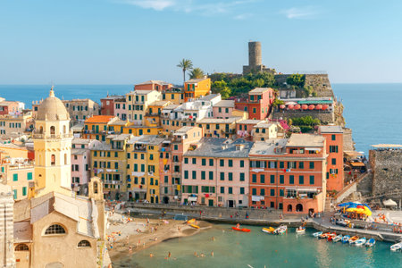 The view from the high hill village of Vernazza and the old harbor at sunset. Cinque Terre National Park. Liguria. Italy.の写真素材