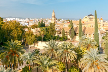 Aerial view of the city and the bell tower of Mezquita from the Alcazar. Andalusia. Spain. Cordoba.の写真素材