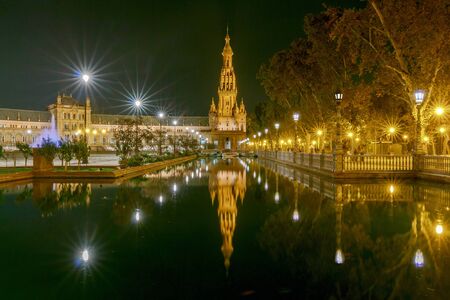 Spanish Square in Sevilla at night. Spain. Andalusiaの写真素材