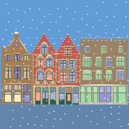 Winter cityscape. Christmas winter city street with small colorful houses and snowflakes. Sleek style vector illustration.のイラスト素材