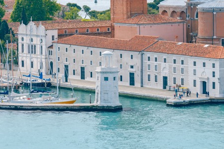 Aerial view of the Venetian Lagoon and medieval lighthouse. Venice. Italy.の写真素材