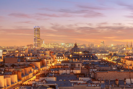 Aerial view of the districts of Paris at night. France.の写真素材