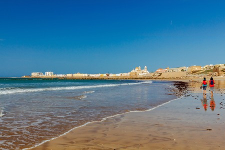 Sandy beach Santa Maria del Mar along the Atlantic Ocean in Cadiz. Spain. Andalusia.の写真素材