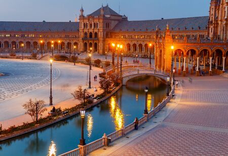 Spanish Square in Sevilla at night. Spain. Andalusiaの写真素材