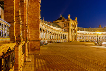 Spanish Square in Sevilla at night. Spain. Andalusiaの写真素材