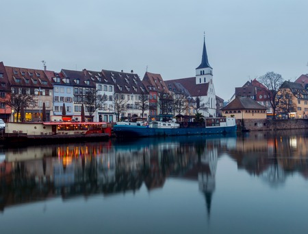 Scenic view of the promenade of St. Thomas in the quarter Petite France at sunset. Strasbourg. Alsace.の写真素材