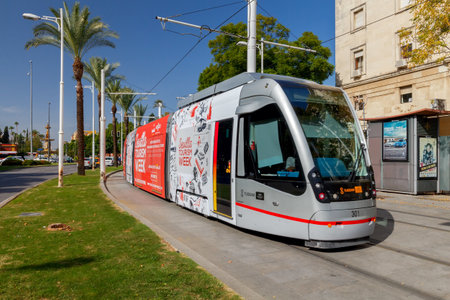 Seville. A modern tram on the route.のeditorial素材