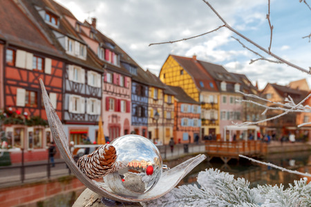 Medieval multicolored half-timbered houses on canals on Christmas Day. Colmar. France. Alsace.の写真素材
