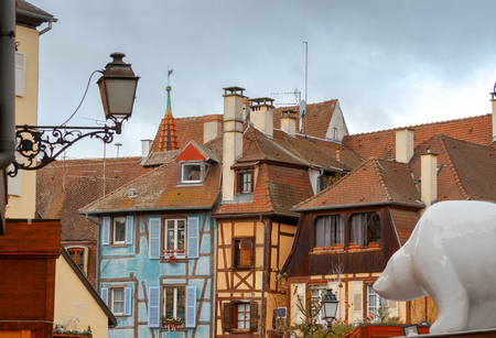 Medieval multicolored half-timbered houses on canals on Christmas Day. Colmar. France. Alsace.の写真素材