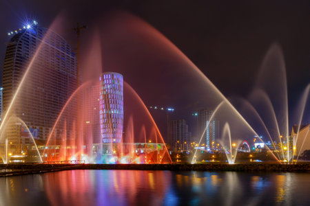 Batumi, Georgia - September 15, 2017: Dancing colorful fountains on Lake Ardogani in the night illumination. Batumi. Georgia. Adjaraのeditorial素材