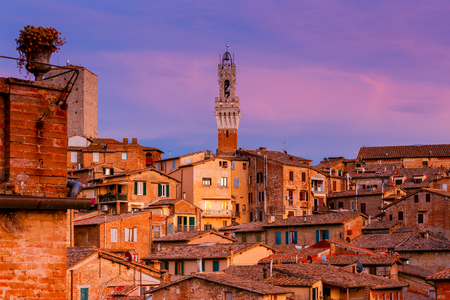View of the Cathedral in the night illumination at sunset. Siena. Tuscany. Italy.の写真素材