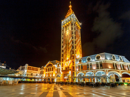 The famous clock tower on Square Piazza at night.. Batumi. Adjara. Georgiaの写真素材