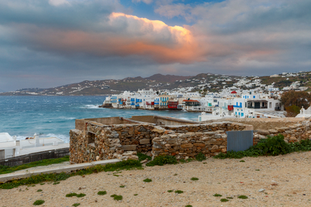 View of the old historical district of Little Venice in the city Chora. Greece. Mykonos.の写真素材