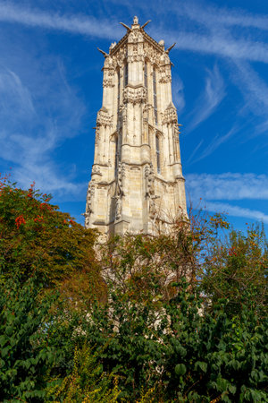View of the ancient stone tower of Saint-Jacques on a sunny day. Paris. France.のeditorial素材