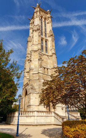 View of the ancient stone tower of Saint-Jacques on a sunny day. Paris. France.のeditorial素材