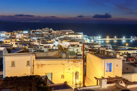 Aerial view of the city Chora from a hill on the sunset. Greece. The island Mykonos.の写真素材