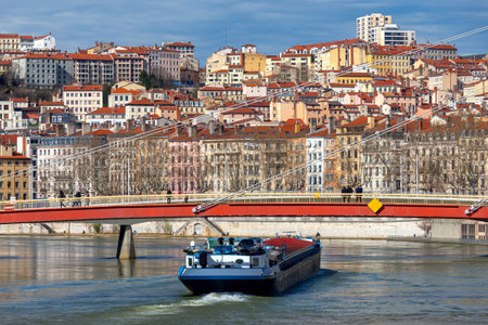 Lyon. Red cable-stayed bridge over the Saona River.