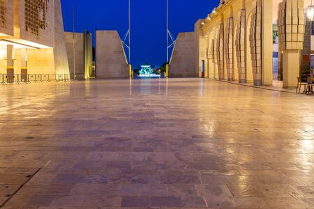 The main city street of the Republic in the light of lanterns at dawn. Valletta.の写真素材