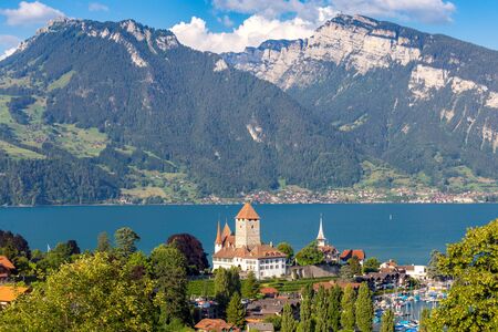 The traditional alpine village Spiez near Lake Thun.の写真素材